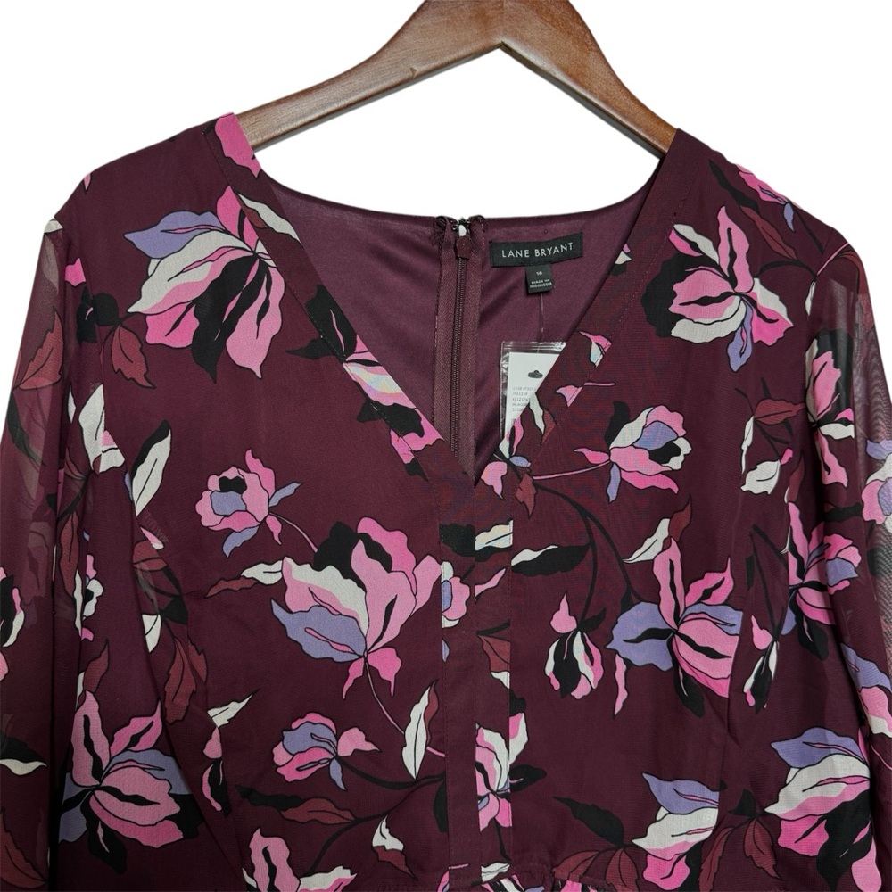 Lane Bryant Blouse Dark Floral Sheer Cranberry Plum Plus Purple Burgundy Size 18 - Picture 3 of 16